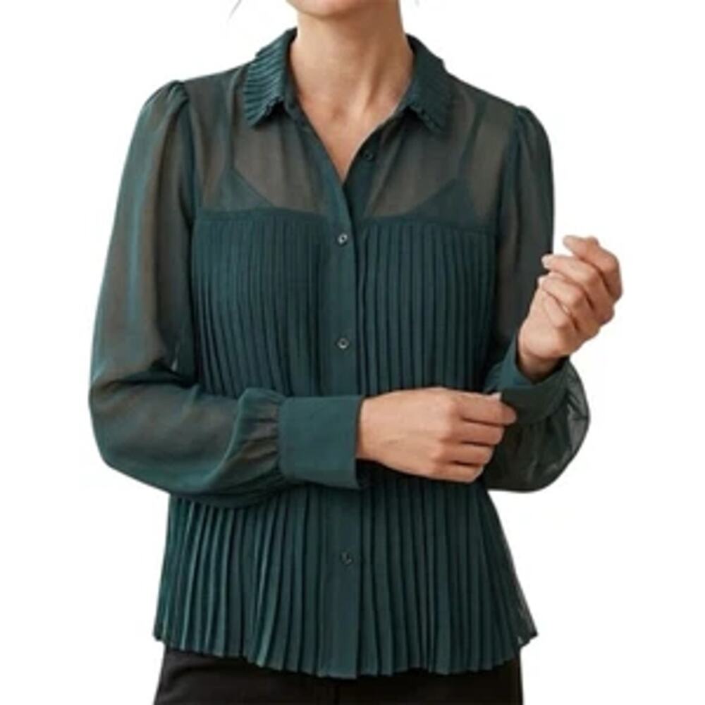 Banana Republic Long Sleeve Pleated Blouse Top Ocean Emerald Women's Large